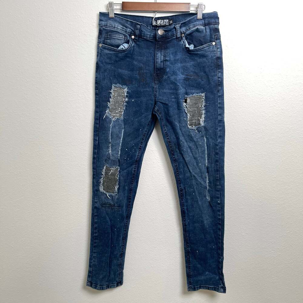 Brooklyn State Bedazzled Distressed Skinny Jeans Womens 34 Blue Rhinestone Patch
